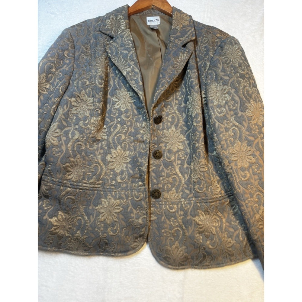 Chicos Golden Blues Ampere Jacket Suit Blazer Womens Size 3 Floral Lined Preppy - Picture 2 of 14